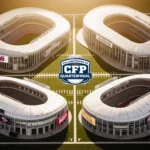 Stadiums line up in grid with college football playoff banners and golden lighting