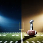 Split-screen football fields contrast with one golden and the other dimly lit under a New Year