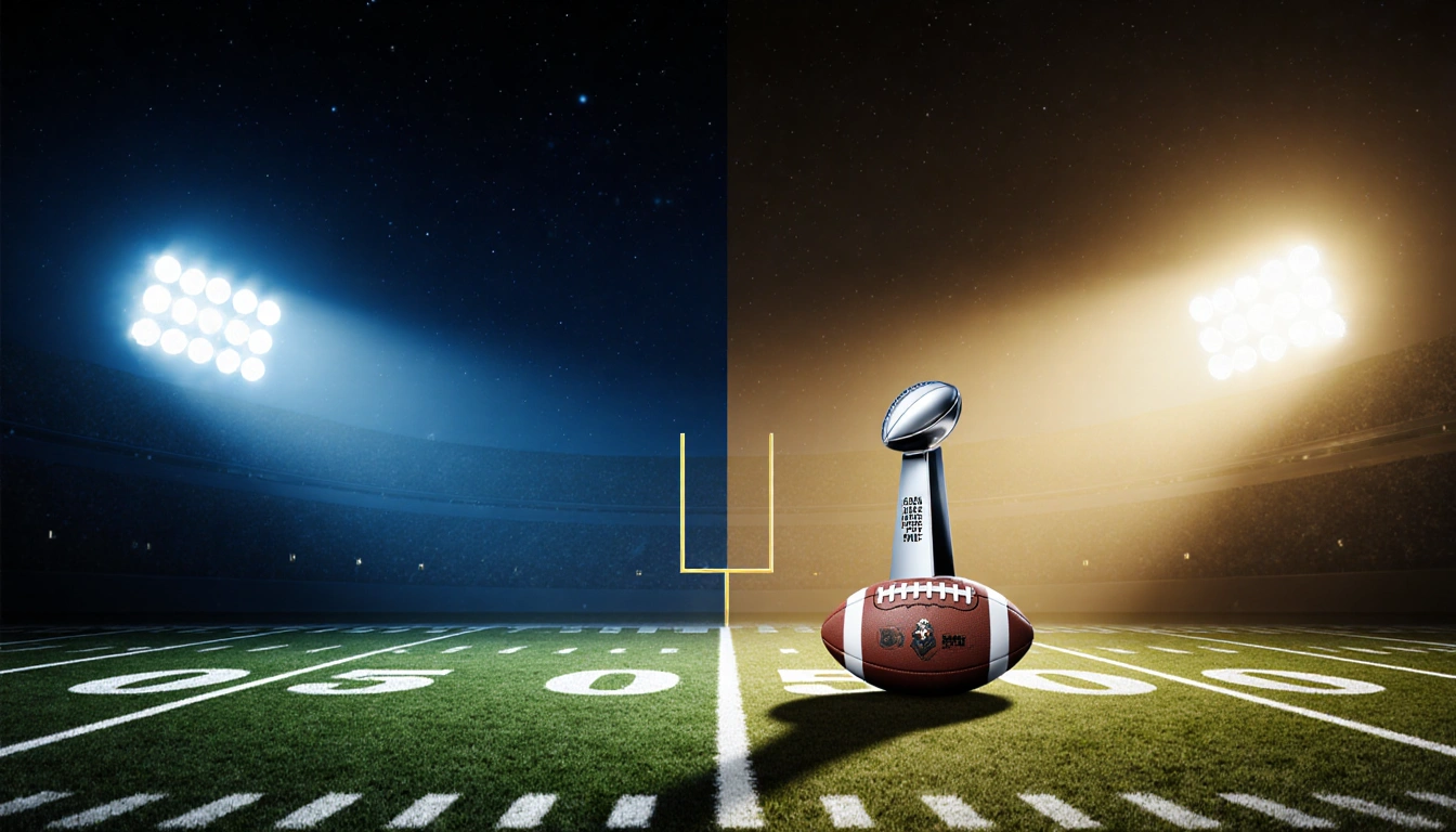 Split-screen football fields contrast with one golden and the other dimly lit under a New Year