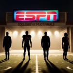 Four football silhouettes standing at a stadium entrance with bright ESPN logo above and golden lights casting dramatic shado