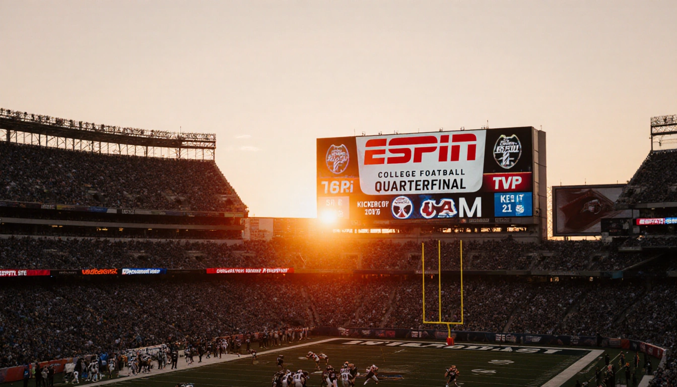Camera pans over packed football stadium with warm sunset glow and large ESPN logo on the Jumbotron