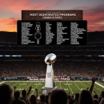 College football trophy gleams with sunset sky and packed night crowd at stadium