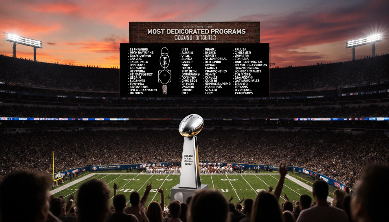 College football trophy gleams with sunset sky and packed night crowd at stadium