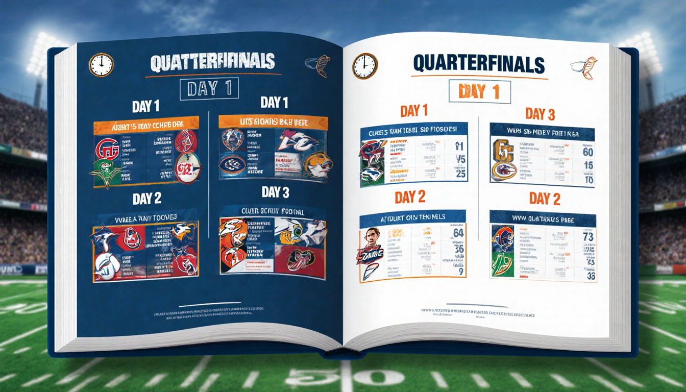 Split-screen displays college football quarterfinals schedule with Day 1 match-ups in bold and Day 2 blurred background and c