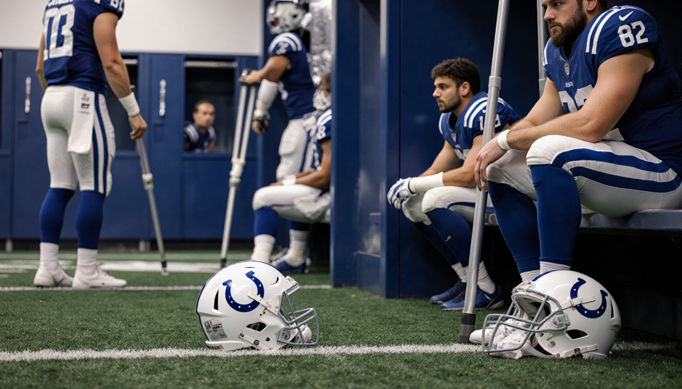 Quarterback sits on NFL field sidelines with abandoned helmet and teammates using ice packs and crutches