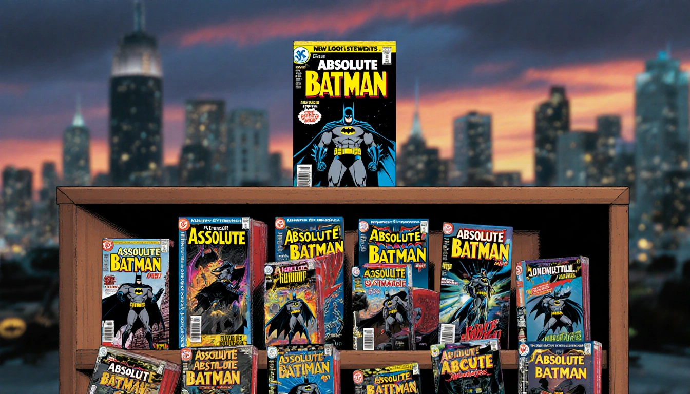 Comic book shelf filled with Absolute Batman copies and first issue on top against cityscape with Batman symbols