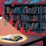 Comic book shelf overflowing with DC volumes with red and blue ink clouds spotlighting a coffee table with open comics