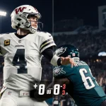 Commanders quarterback throws under pressure from an Eagles defender with a split‑screen odds display in foreground