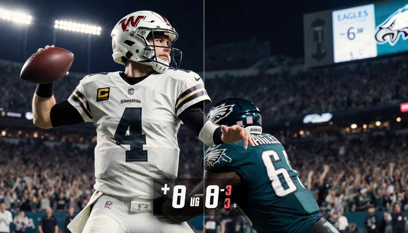Commanders quarterback throws under pressure from an Eagles defender with a split‑screen odds display in foreground