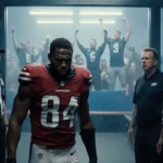 Commanders player in locker room with face contorted and referees nearby while Eagles bench cheers through foggy glass.