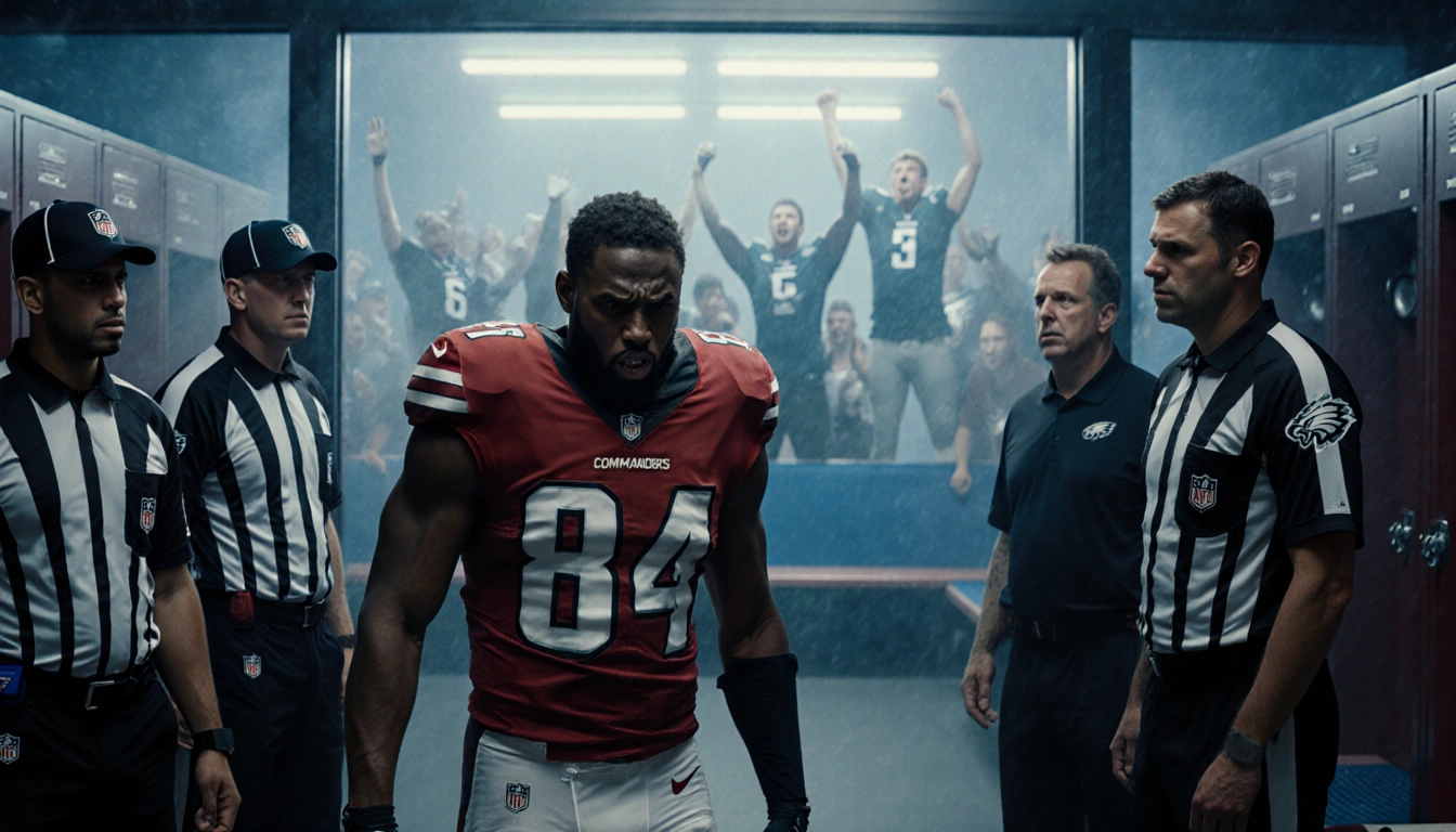 Commanders player in locker room with face contorted and referees nearby while Eagles bench cheers through foggy glass.