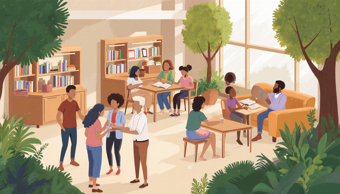 Diverse group gathering in a community space with lush greenery and light showing private nooks for independence and support