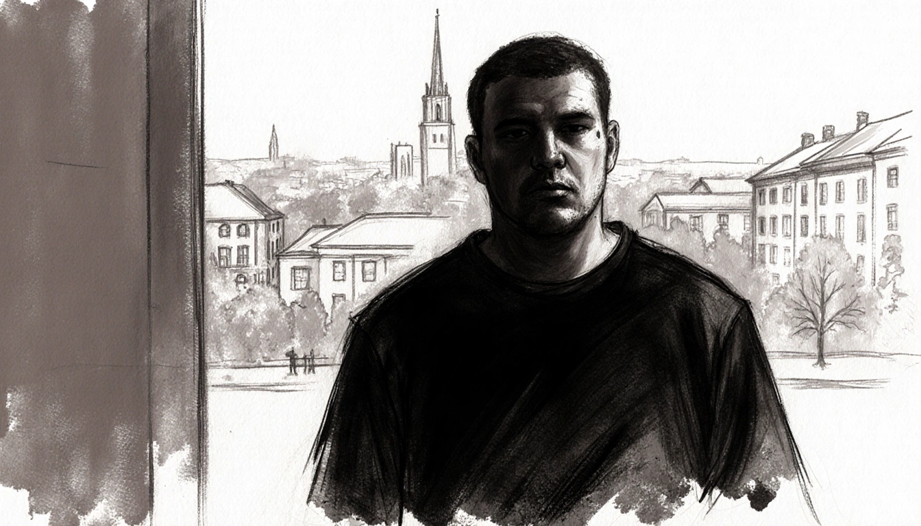 Composite sketch depicting a stocky suspect in black clothing with shadowy upper body and blurred Brown University backdrop.