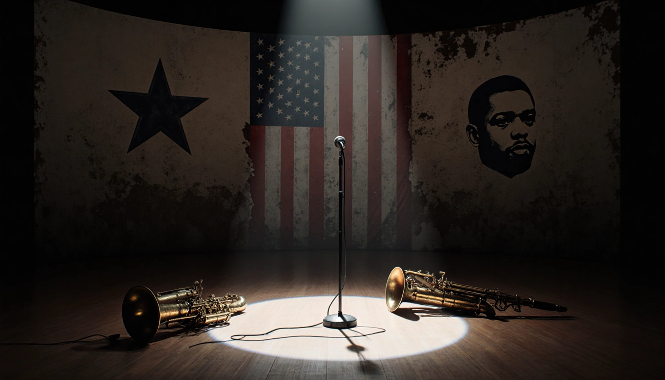 Spotlight shines down on an empty microphone stand with a jazz musician face behind covered by a faded American flag