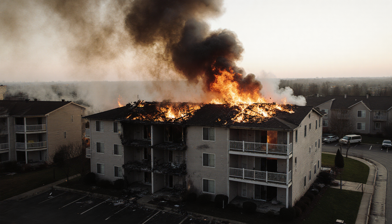 Flames engulfing the condo complex with smoke billowing into the early morning sky and sparks licking the roof edges
