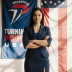 Young woman standing proudly with arms crossed with flag colors and Turning Point USA logo empowering her gaze warm light