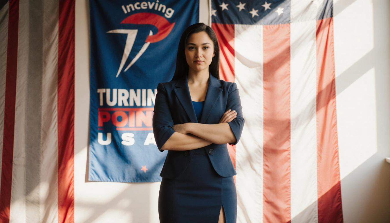 Young woman standing proudly with arms crossed with flag colors and Turning Point USA logo empowering her gaze warm light