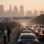 Cars inching along congested highway with commuters watching and Philadelphia airport lights glowing orange.