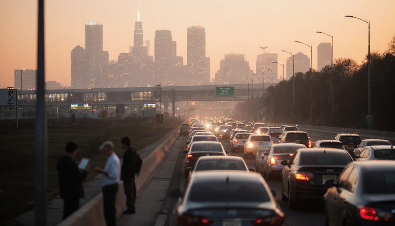 Cars inching along congested highway with commuters watching and Philadelphia airport lights glowing orange.