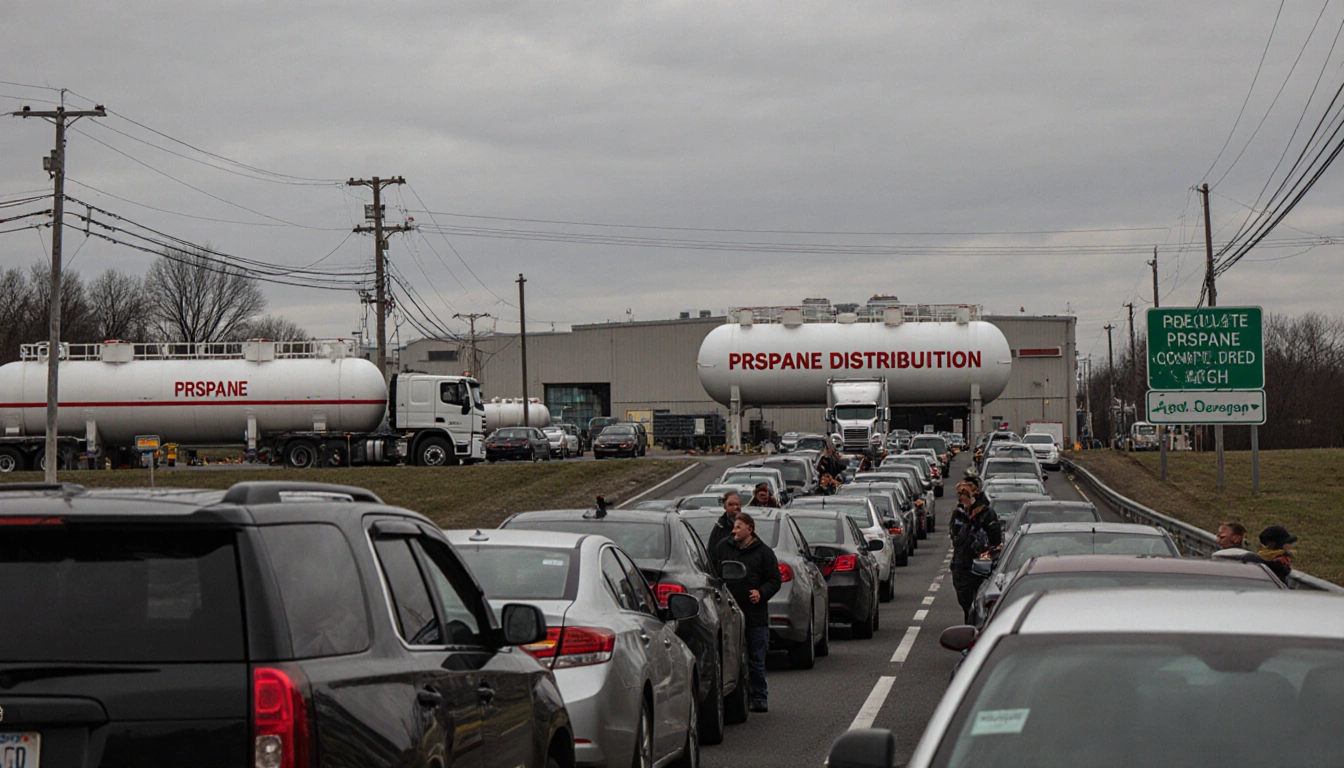 Cars queued at a New Jersey propane facility with large tanks and trucks parked nearby