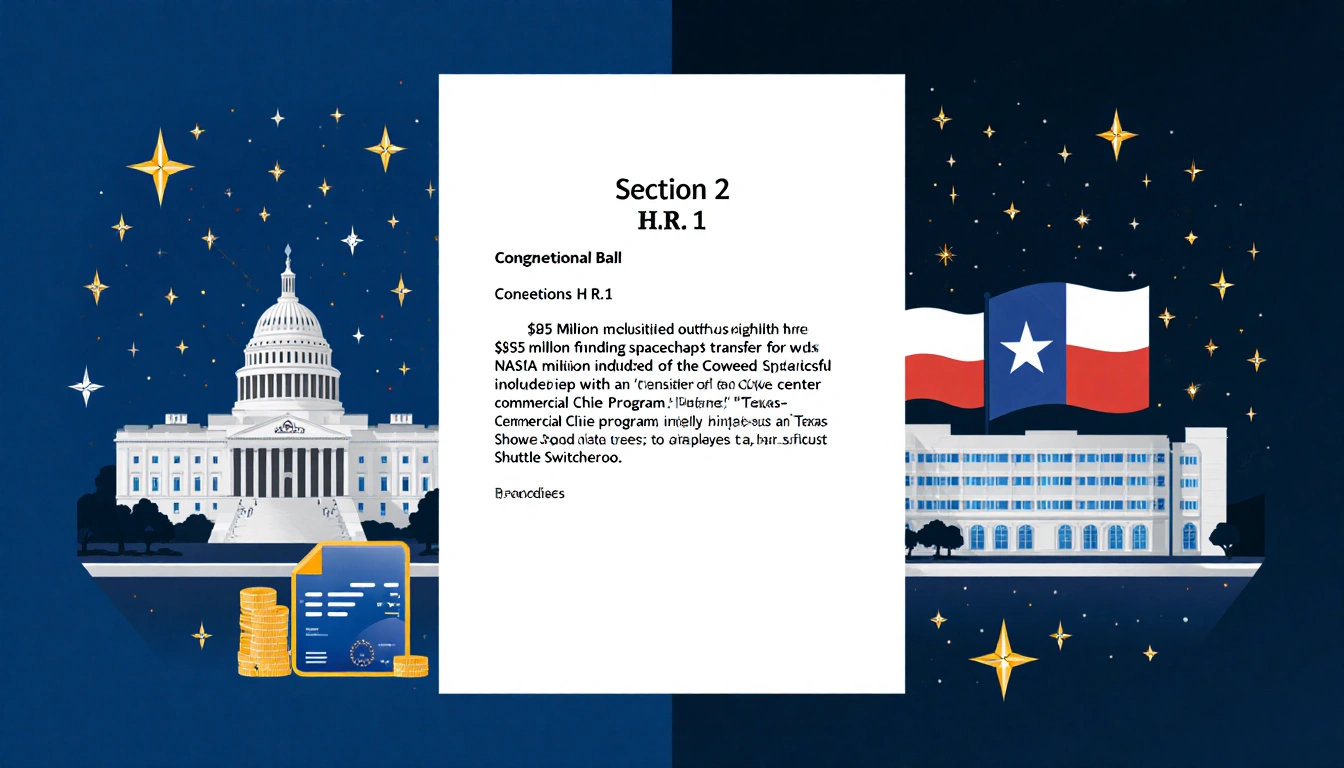 Bill H.R.1 highlights $85M spacecraft funding with NASA center and Texas backdrop and funding icons