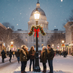 Tourists gathering around lamppost with snowflakes falling and the decorated Connecticut state capitol in the background