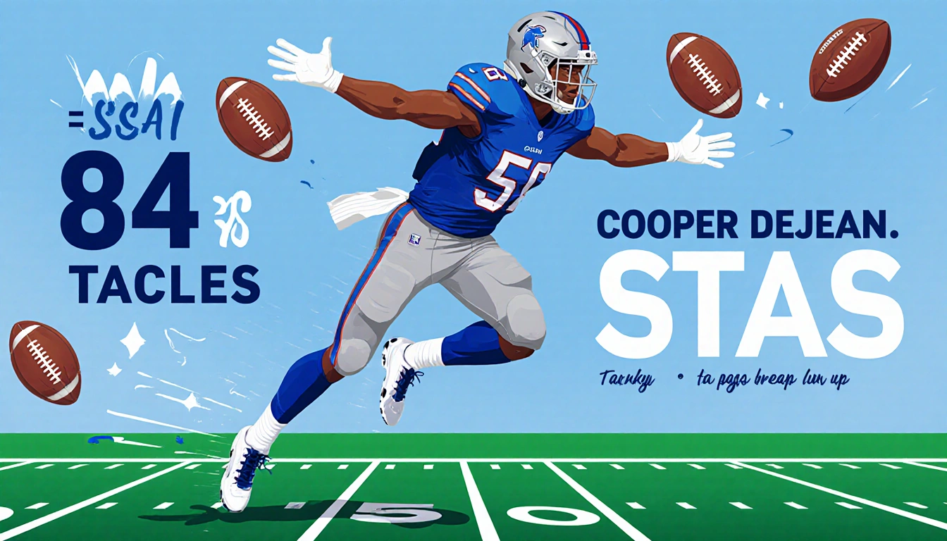 Cooper DeJean cornerback leaping to break up a pass with tackle markers 84 tackles 16 pass break-ups blue silver background