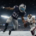 Cooper DeJean leaps on snowy field with stadium lights grabbing opponent