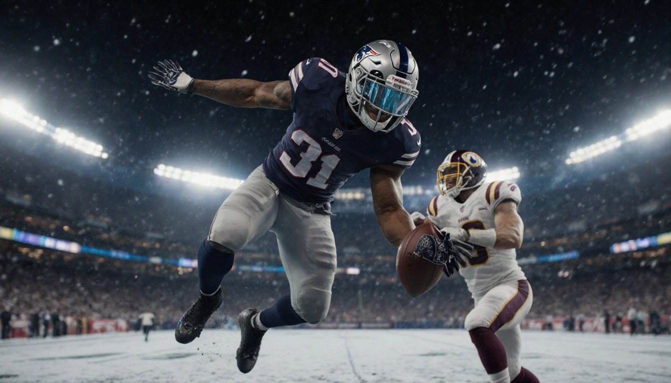 Cooper DeJean leaps on snowy field with stadium lights grabbing opponent