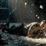 Corporal Snook lies in a pool of light at DMV with a flashlight glow illuminating his face and a wounded officer beside him.