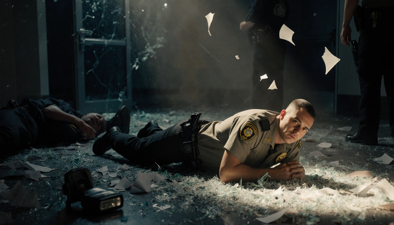 Corporal Snook lies in a pool of light at DMV with a flashlight glow illuminating his face and a wounded officer beside him.