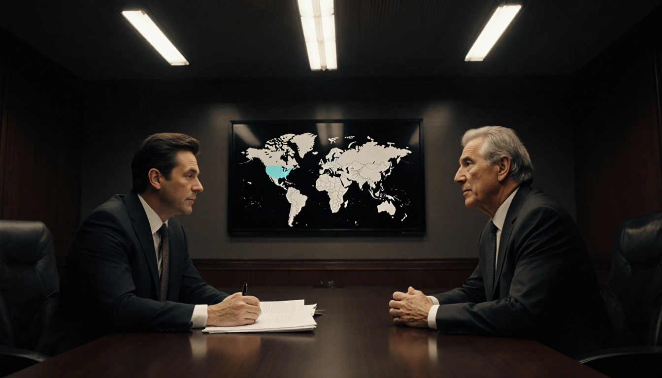 Bob Bakish CEO sits across from Larry Ellison in a boardroom with lights and a Warner Bros. Discovery logo of a takeover bid.