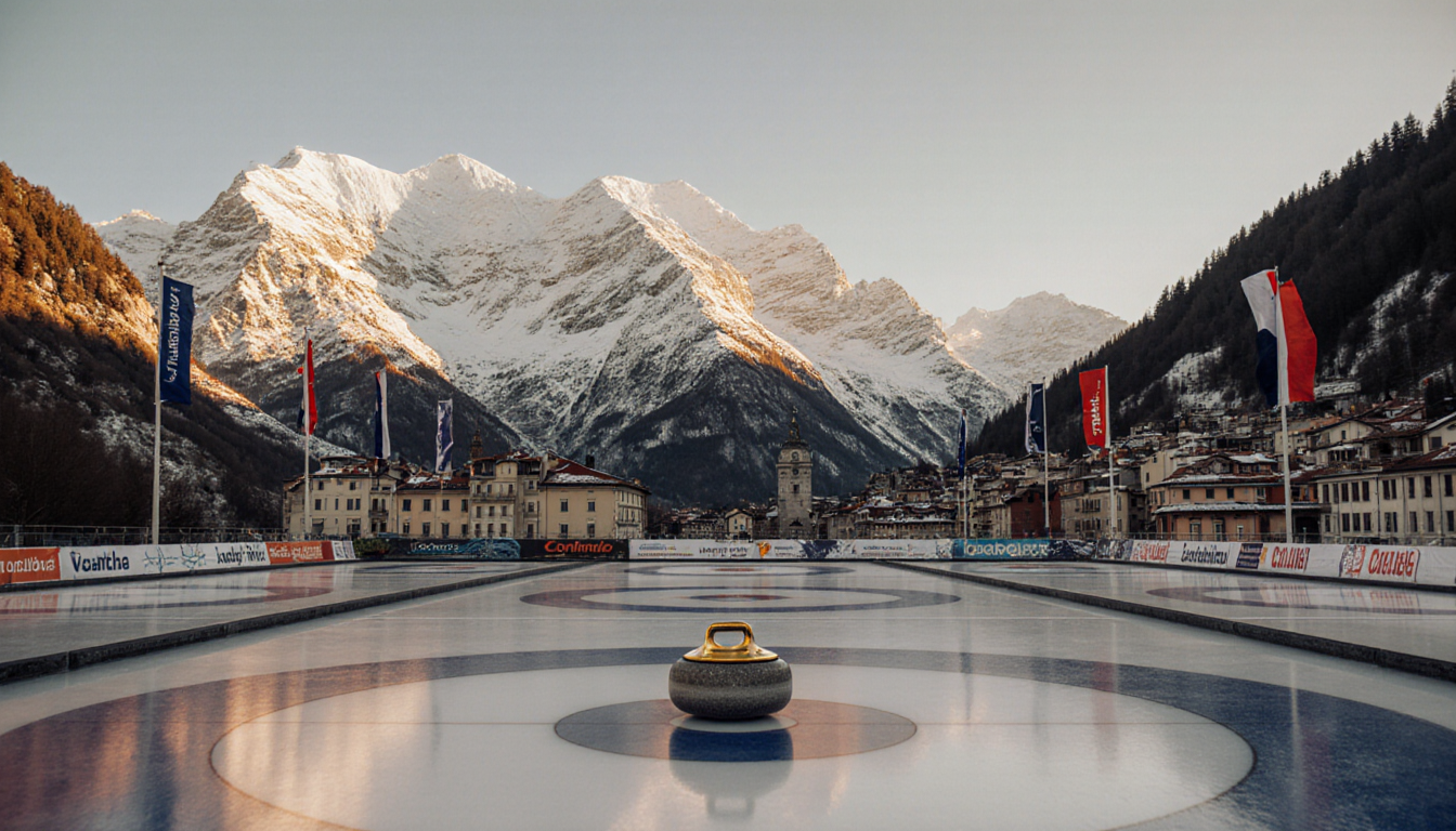 Gold curling stone resting on pedestal with sunset-lit Dolomite mountainside and town buildings