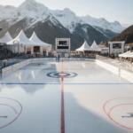 Olympic hockey rink gleaming under warm light with snow-capped Alps in blurred background