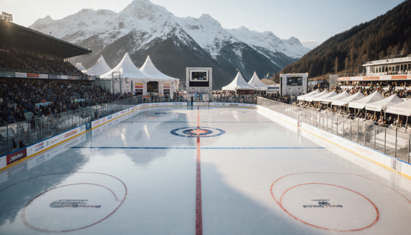 Olympic hockey rink gleaming under warm light with snow-capped Alps in blurred background
