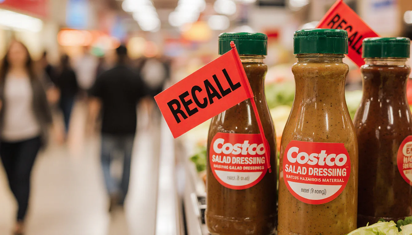 Bustling Costco food court displays salad dressings with red recall stickers and hazardous labels while shoppers pass.