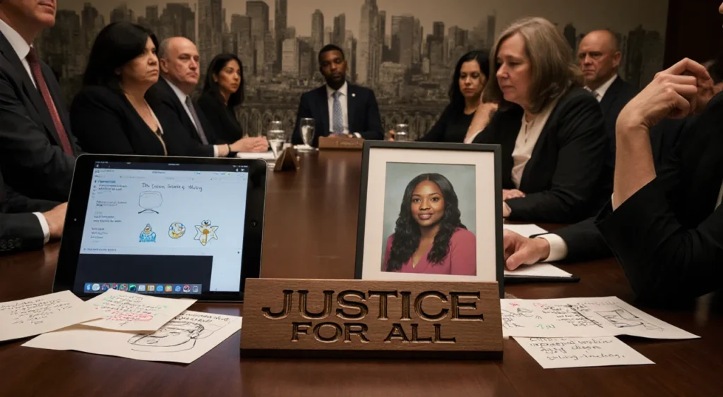 Council members discussing at a table with a wooden Justice for All plaque and a portrait on an iPad surrounded by notes.