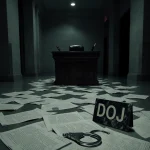 Handcuffs lie on courthouse floor with abandoned DOJ documents and a faded sign.