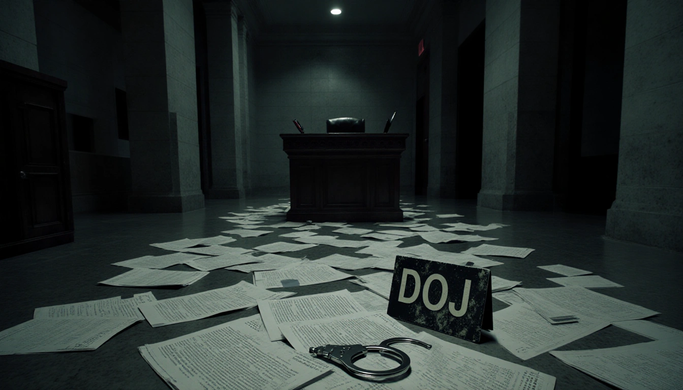 Handcuffs lie on courthouse floor with abandoned DOJ documents and a faded sign.
