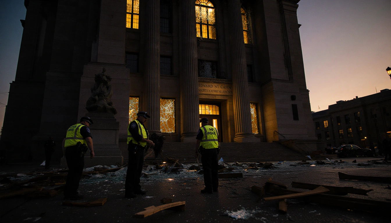 Allentown police patrol around a darkened federal courthouse with shattered windows glowing in sunset light.
