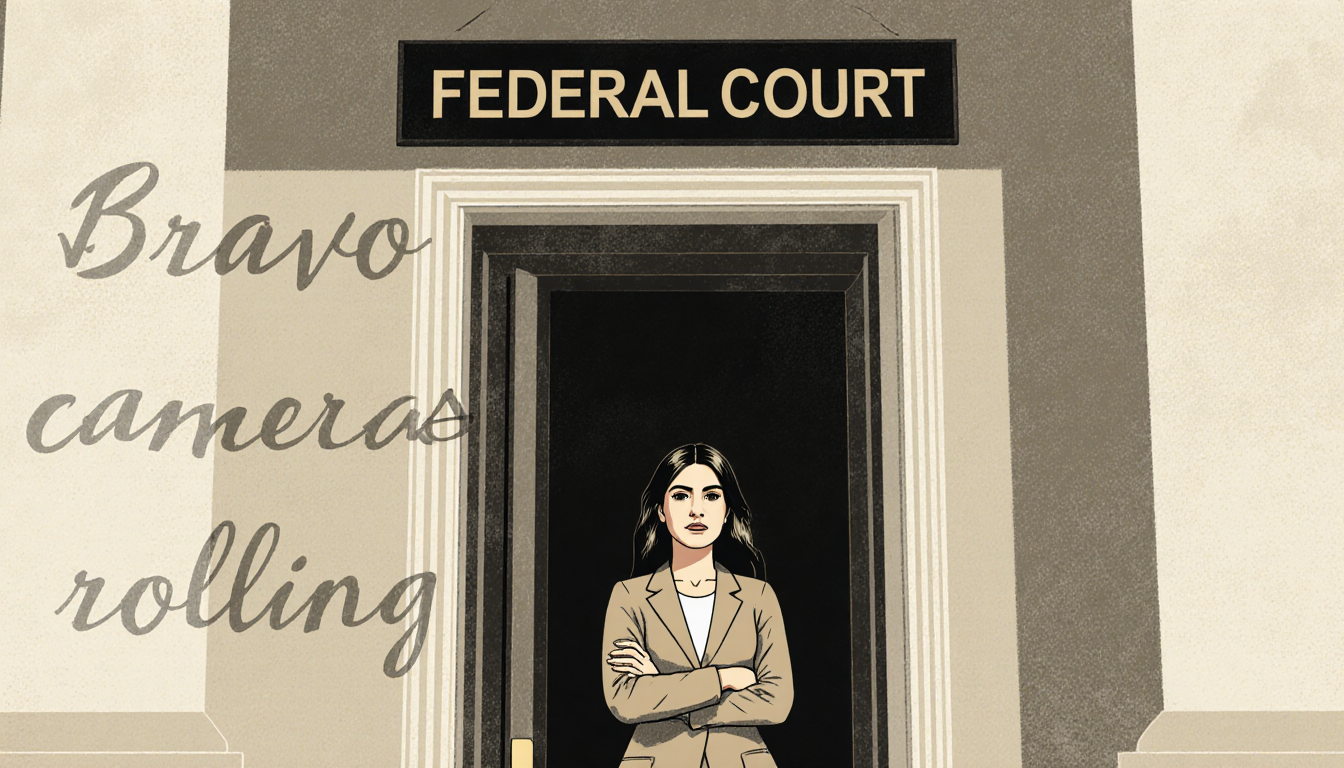 Woman standing confidently outside courthouse door with Federal Court sign and faint Bravo cameras rolling in background