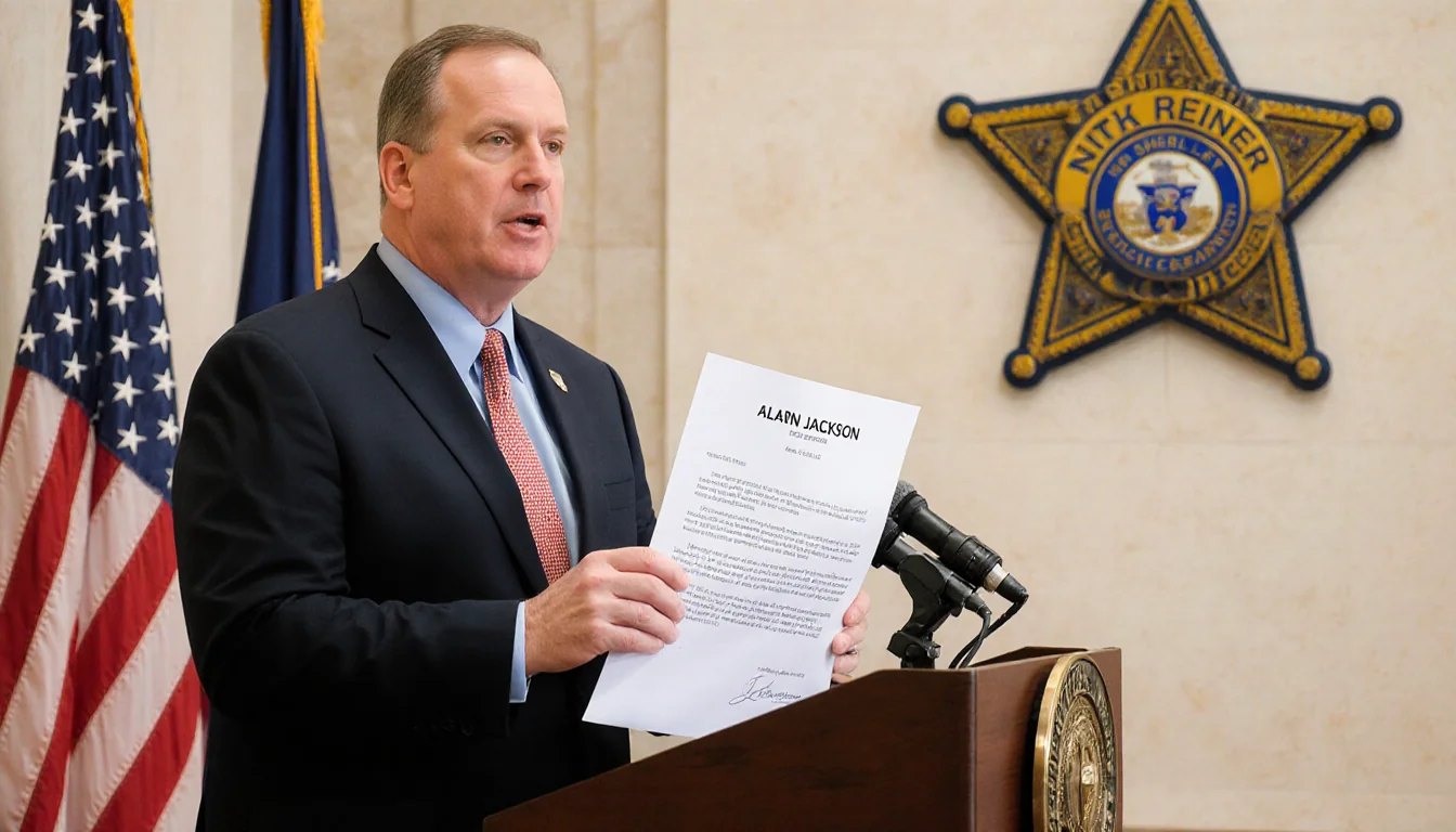 Defense attorney Alan Jackson addressing reporters with press release at courthouse lobby podium and sheriff's badge on wall.