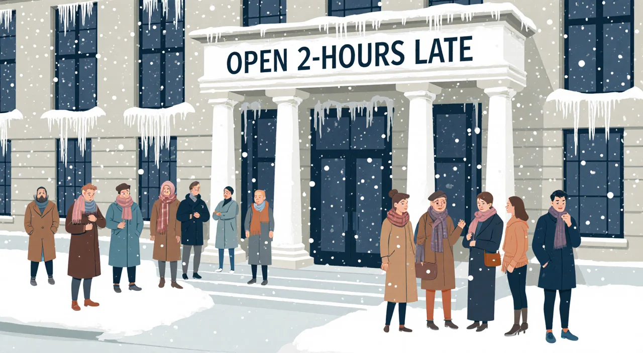Courthouse sign reading Open 2 hours late glows with snowflakes falling and a frustrated crowd in coats checking watches.