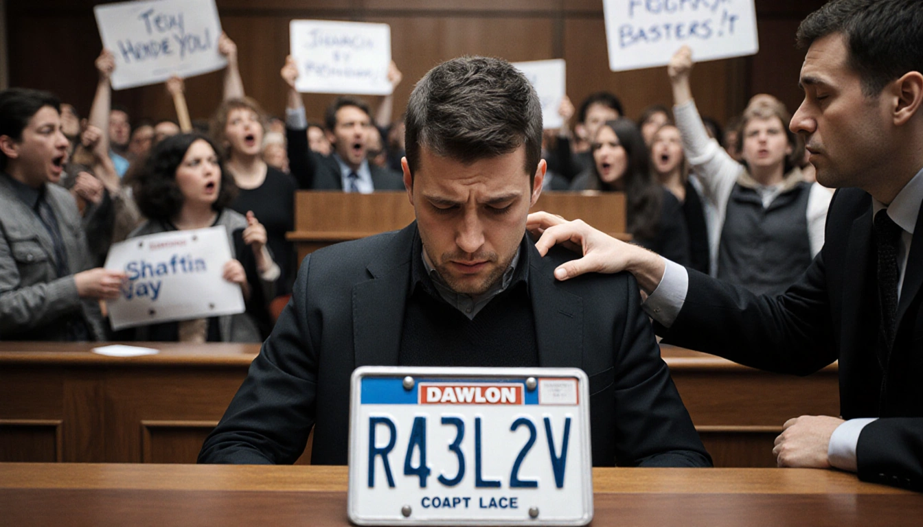 Dawson looking upset and confused while being comforted with a judge’s bench and a license plate frame in foreground