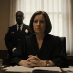 Judge Hannah Dugan sits with hands clasped at desk with court documents and soft light.