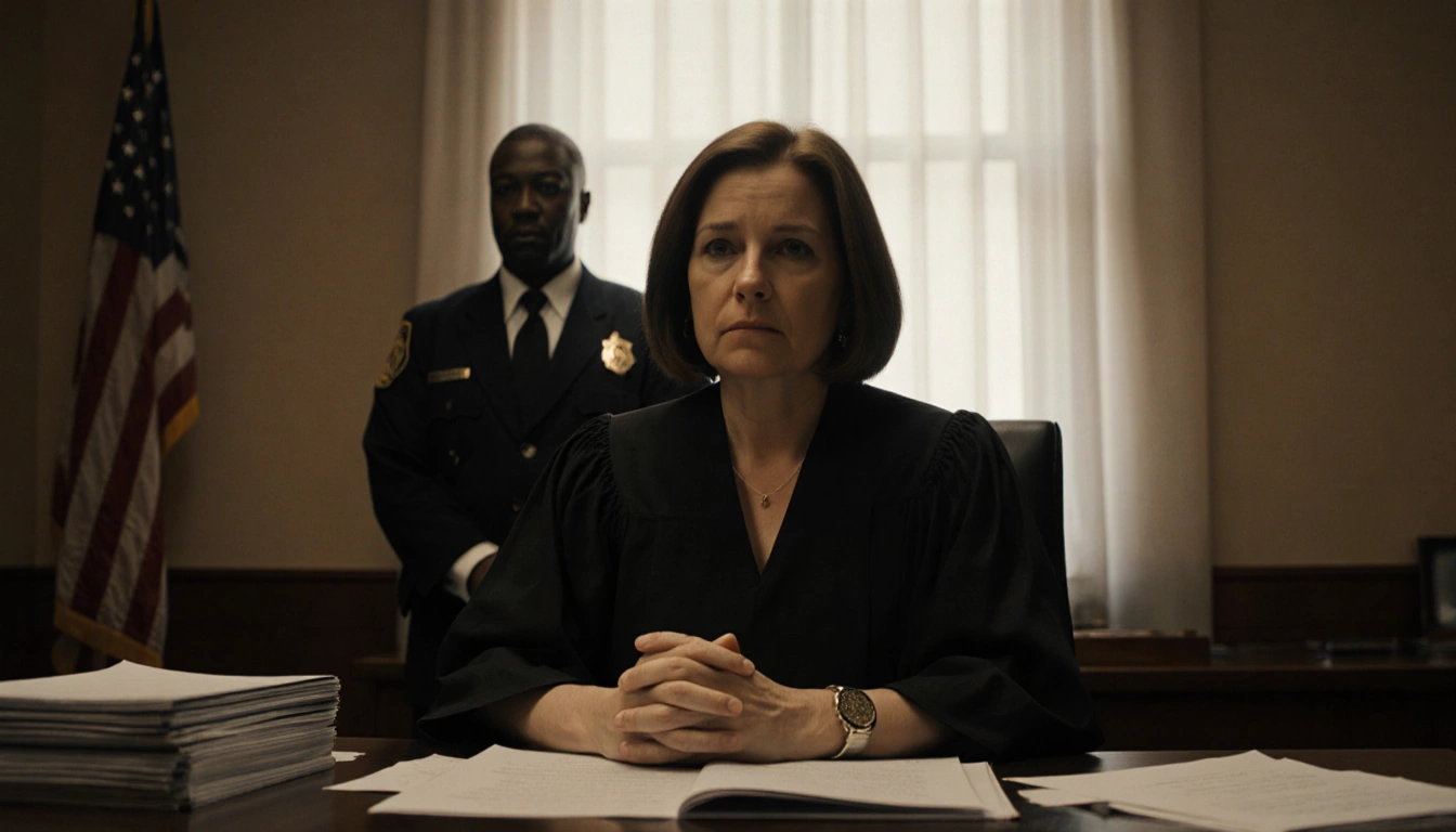 Judge Hannah Dugan sits with hands clasped at desk with court documents and soft light.