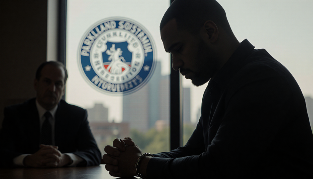 Francis Anonia sits in dimly lit courtroom with his hands cuffed and judge