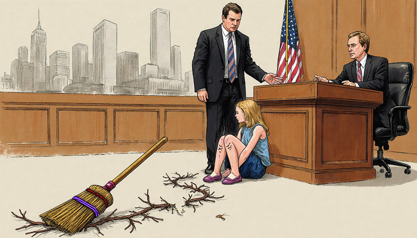 Defendant stands with a broom beside him while a daughter with scratched legs sits on the floor