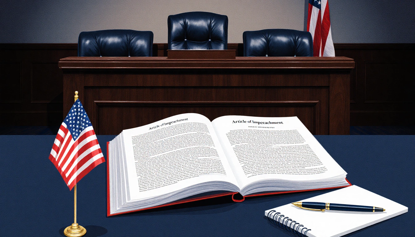 Courtroom judge's bench holding open impeachment document with flag and pen in foreground