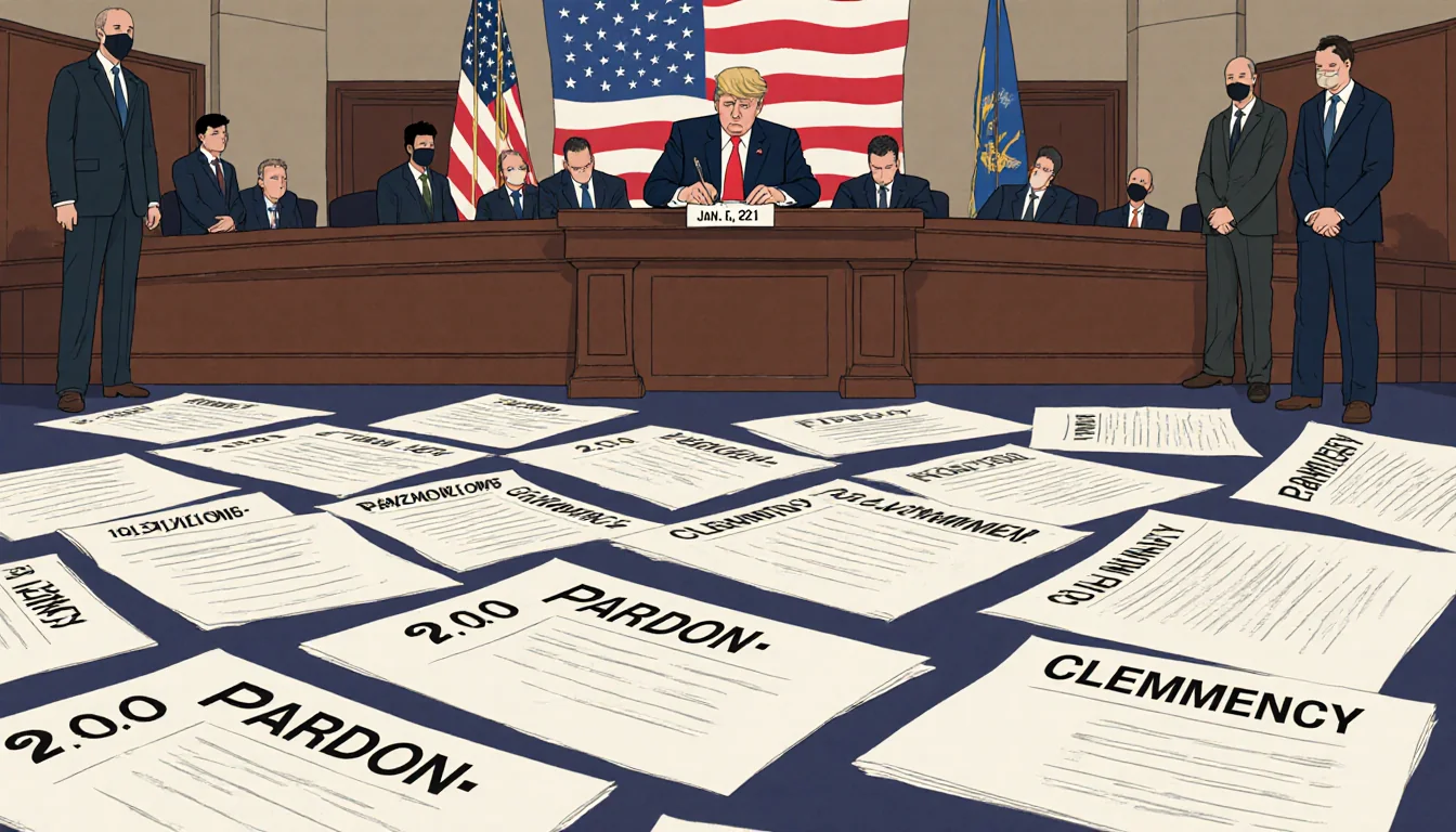Figure signing documents with 19 pages labeled Jan. 6 2021 and Pardon scattered across the courtroom floor and flag backdrop